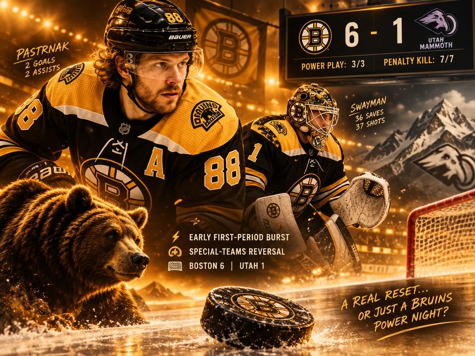Pastrnak Powers Bruins’ PP Revival in 6-1 Rout of Mammoth